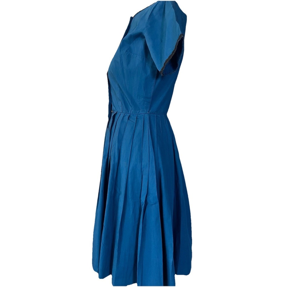 60s 70s Handmade Pleated A-Line Dress Sz 6 Teal Blue Black Trim Buttons Classic - Picture 2 of 10